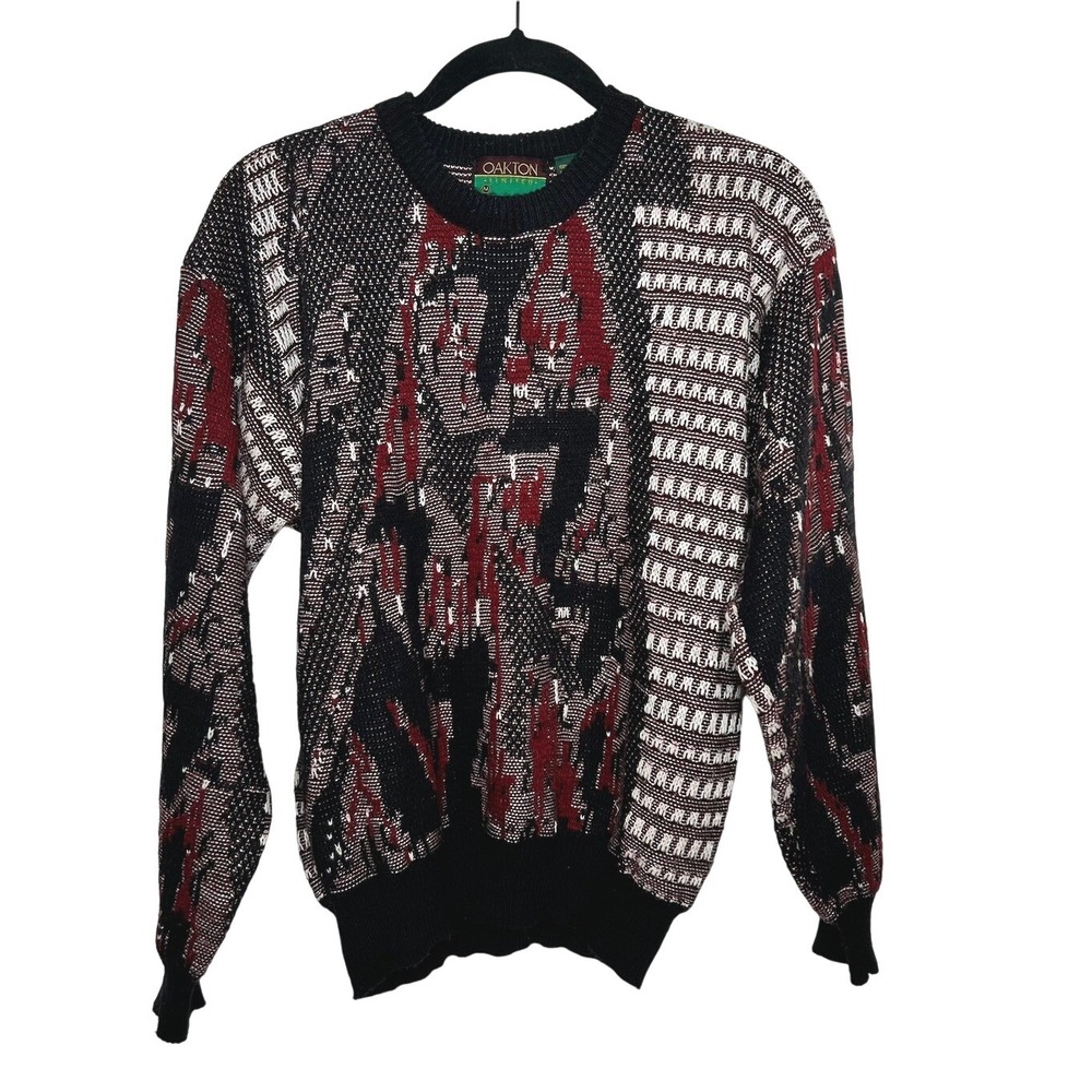 Oakton Limited Mens M‎ Vintage Abstract Geometric Knit Sweater Black Red White